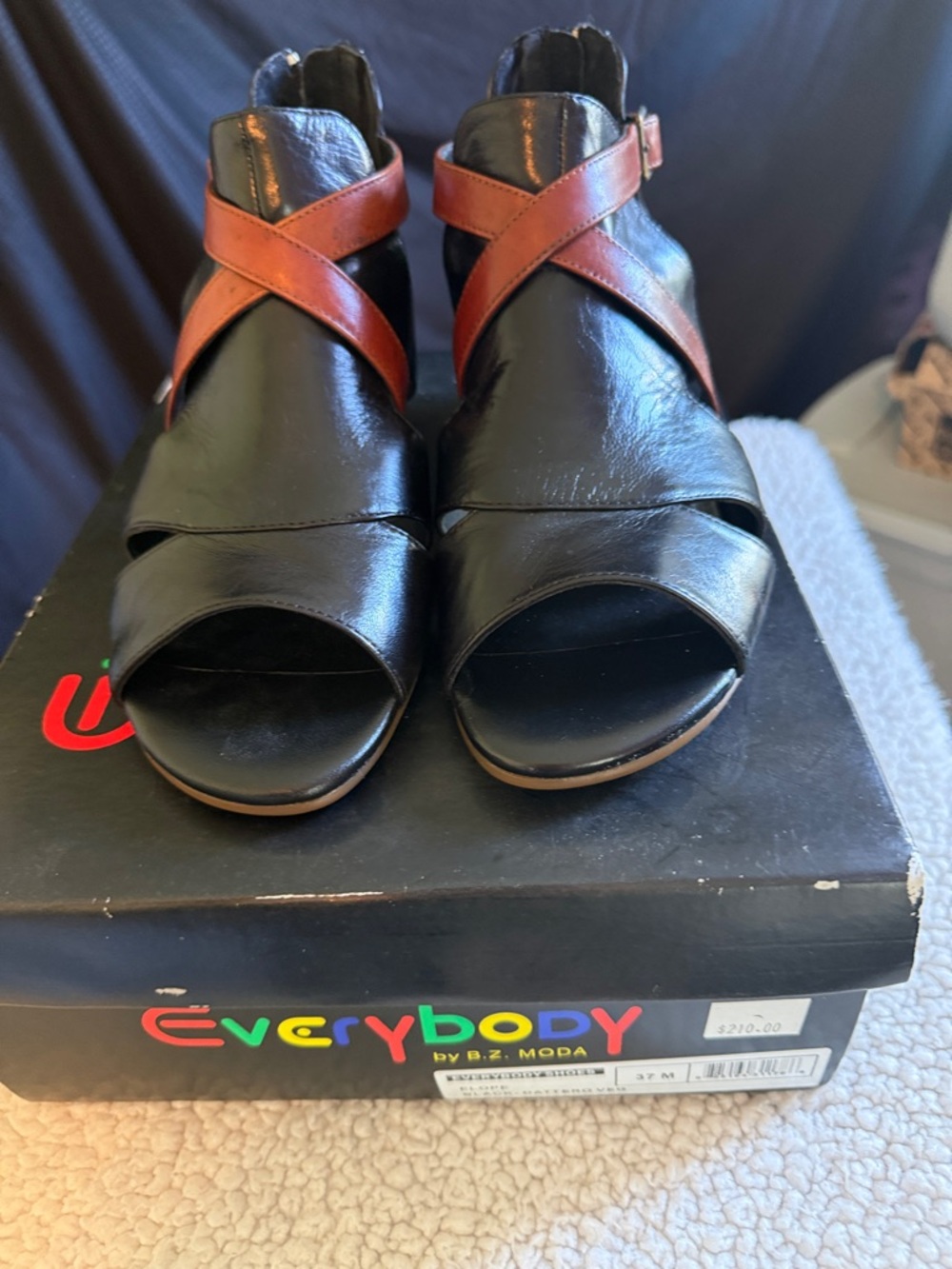 Women’s Black Leather Sandal with Tan Cross-Strap and Low Wedge